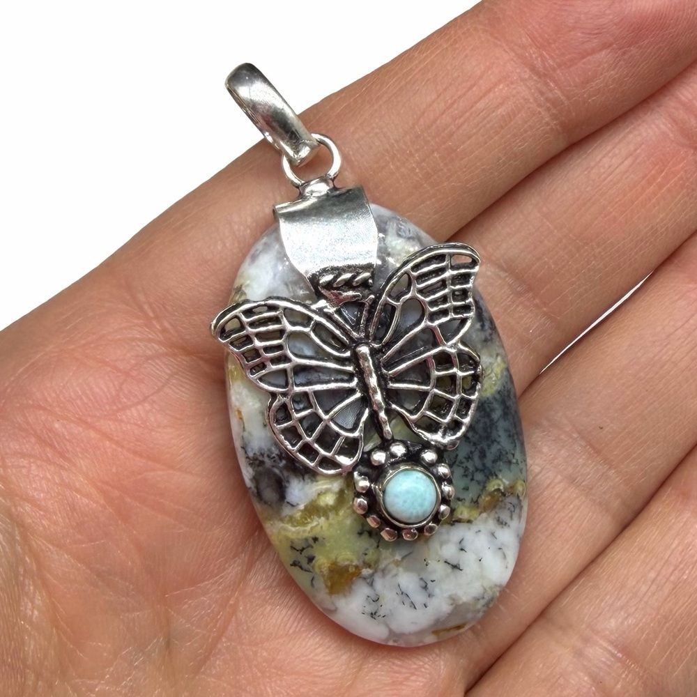Dendritic Opal & Larimar Butterfly Necklace Pendant 925 Sterling Silver Overlay - Picture 3 of 4